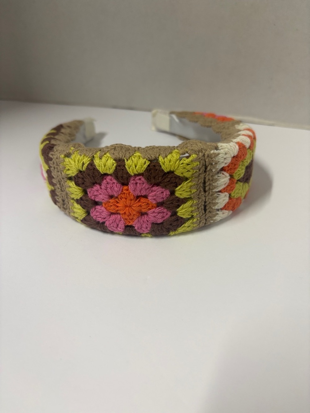 Crocheted Floral Headband in Pink, Orange, Lime & Brown
